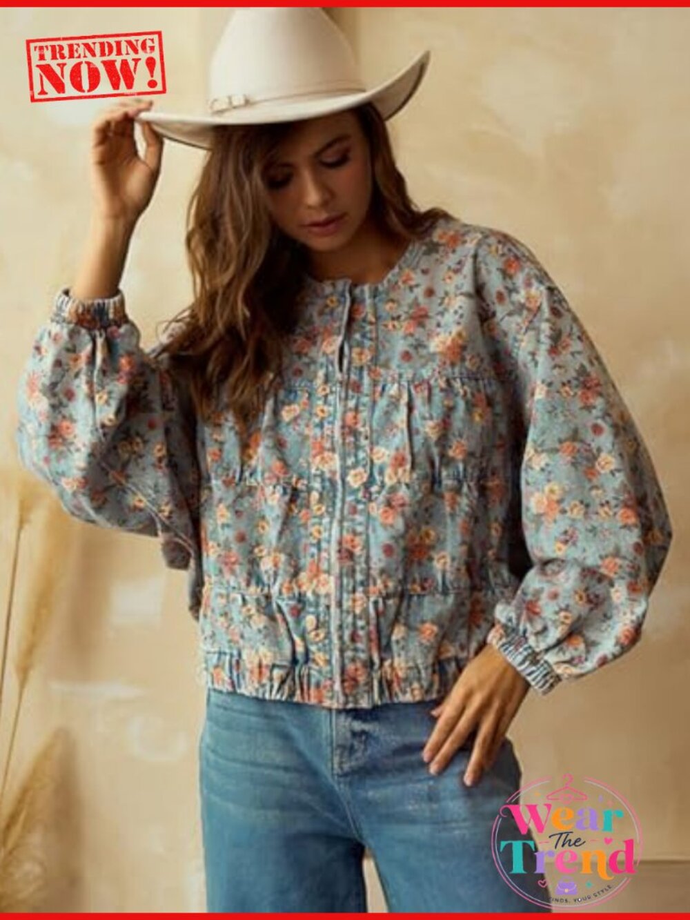 Oversized Floral Denim Bomber Jacket Zip Jean Jacket - Picture 2 of 5